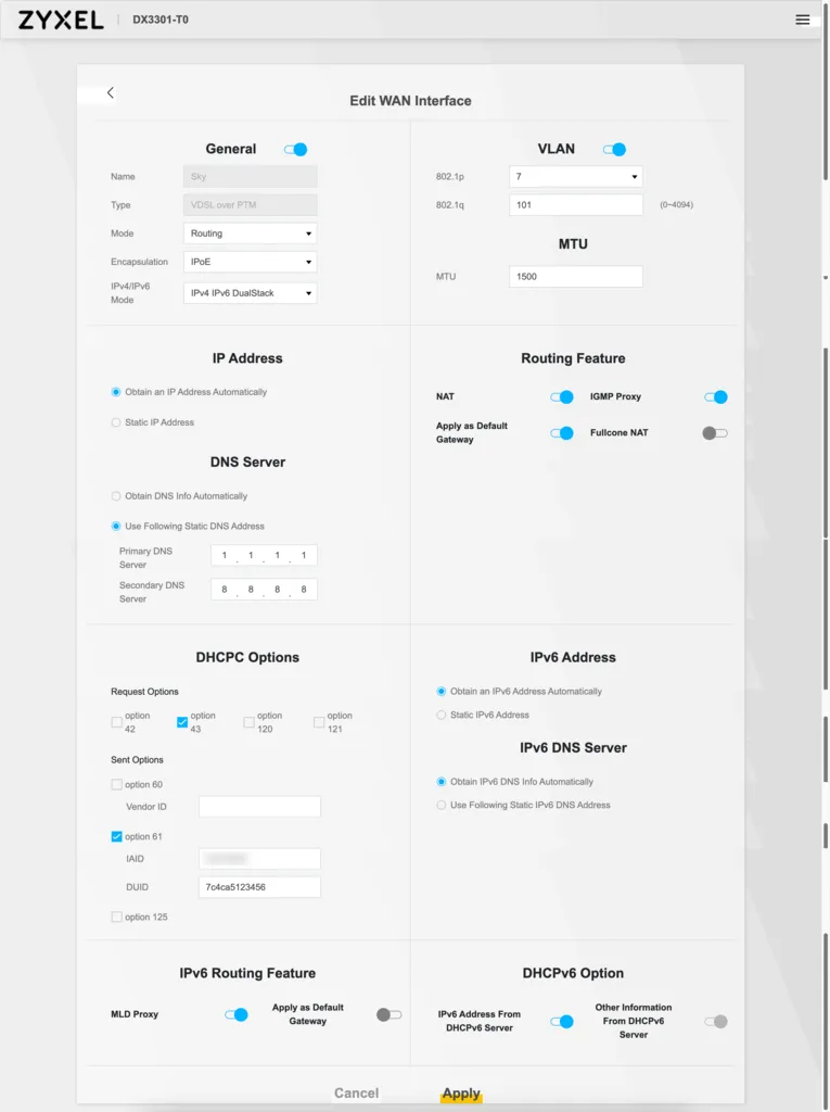 Zyxel Config for Sky UK